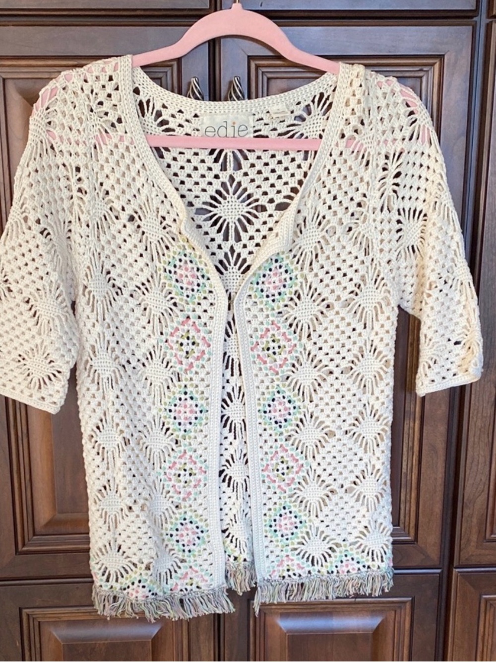 Cream Crochet Open-Front Sweater with Fringe